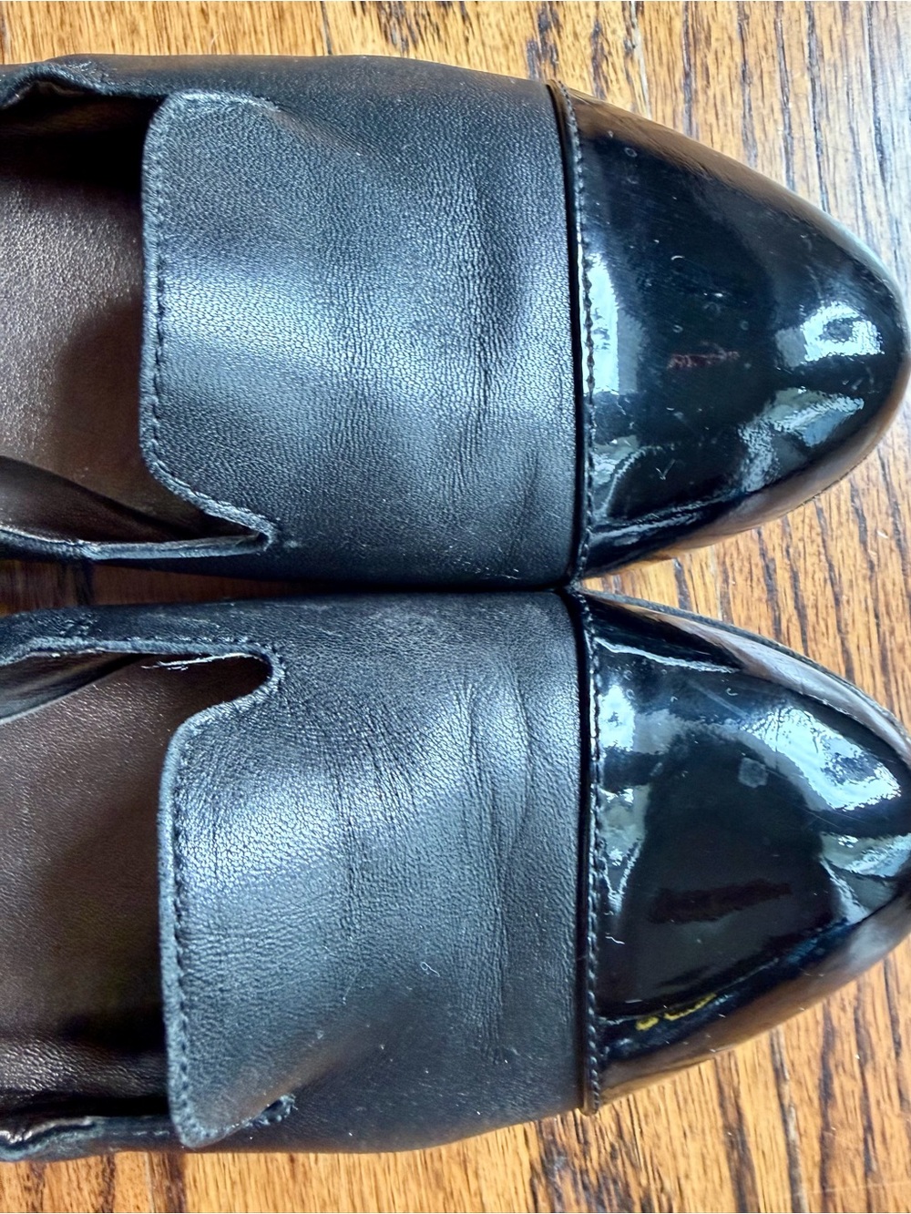 AGL Black Leather Loafers with Patent Cap Toe